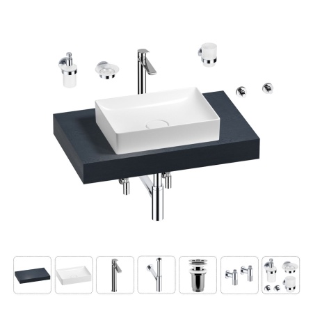 Раковина 50 см со столешницей 80 см Wellsee Pure BY Wellsee 201011091 в наборе 10 в 1: столешница, раковина, высокий смеситель, сифон, выпуск, кран-вентили, аксессуары (цвет хром)
