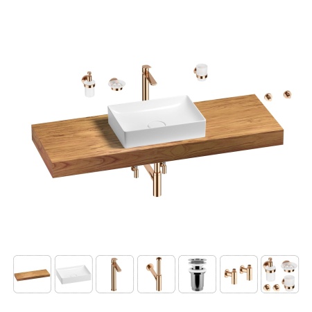 Раковина 50 см со столешницей 140 см Wellsee Pure BY Wellsee 201011474 в наборе 10 в 1: столешница, раковина, высокий смеситель, сифон, выпуск, кран-вентили, аксессуары (цвет розовое золото)