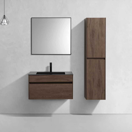 Тумба Vincea Chiara 800 подвесная, 1 выкатной ящик soft-close, R.Oak с умывальником VCB-13800B из кварца, цвет черный