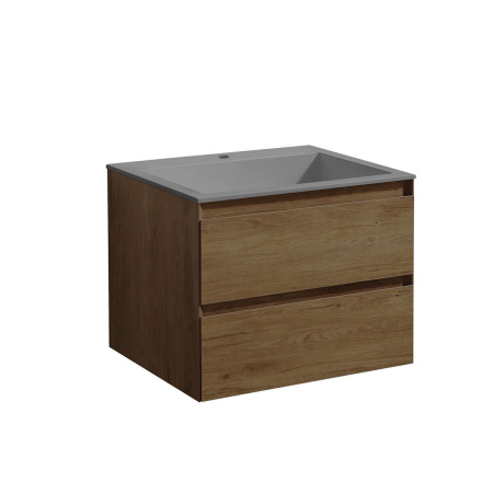 Тумба Vincea Luka 600 подвесная, 2 выкатных ящика soft-close, T.Oak с умывальником VCB-13600G из кварца, цвет серый