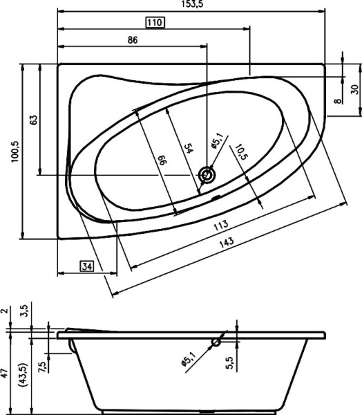 Акриловая ванна Riho Lyra 153x100 R BA6700500000000