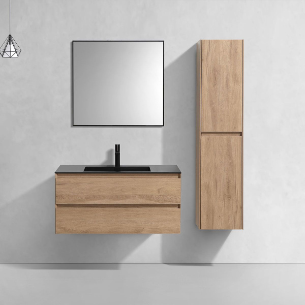 Тумба Vincea Luka 1000 подвесная, 2 выкатных ящика soft-close, N.Oak с умывальником VCB-13100B из кварца, цвет черный