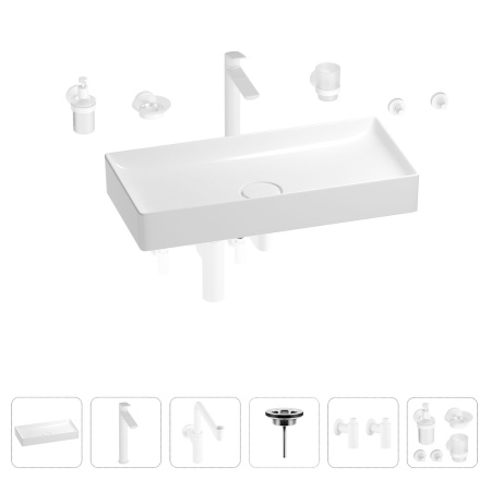 Раковина для ванной Wellsee Pure BY Wellsee 201006535 в наборе 9 в 1: раковина белого глянцевого цвета, высокий смеситель, сифон, выпуск, угловые вентили, аксессуары (цвет матовый белый)