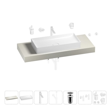 Раковина 75 см со столешницей 120 см Wellsee Pure BY Wellsee 201011680 в наборе 10 в 1: столешница, раковина, высокий смеситель, сифон, выпуск, кран-вентили, аксессуары (цвет матовый белый)