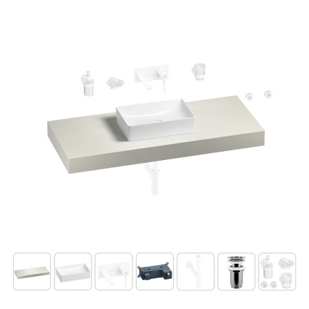 Раковина 42 см со столешницей 120 см Wellsee Pure BY Wellsee 201010905 в наборе 9 в 1: столешница, раковина, встраиваемый смеситель, сифон, выпуск, аксессуары (цвет набора матовый белый)