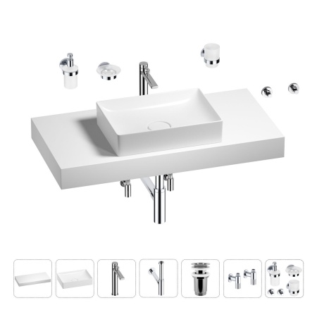 Раковина 50 см со столешницей 100 см Wellsee Pure BY Wellsee 201011276 в наборе 10 в 1: столешница, раковина, высокий смеситель, сифон, выпуск, кран-вентили, аксессуары (цвет хром)