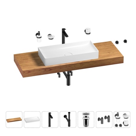 Раковина 75 см со столешницей 140 см Wellsee Pure BY Wellsee 201011832 в наборе 10 в 1: столешница, раковина, высокий смеситель, сифон, выпуск, кран-вентили, аксессуары (цвет матовый черный)