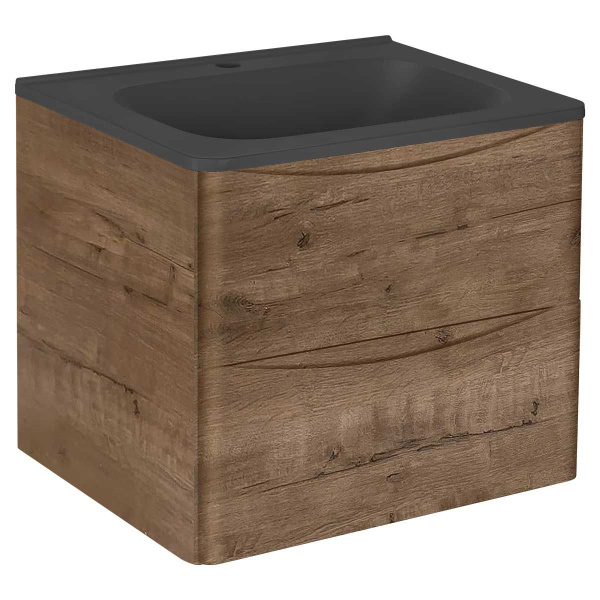 Тумба Vincea Paola 600 подвесная, 2 выкатных ящика soft close, V.Oak с умывальником VCB-2VP600B из кварцевого камня, цвет черный
