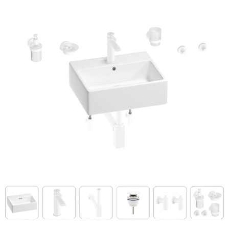 Раковина для ванной Wellsee Graceful Pro 201006670 в наборе 9 в 1: раковина белого глянцевого цвета, смеситель, сифон, донный клапан, угловые вентили, аксессуары (цвет набора матовый белый)