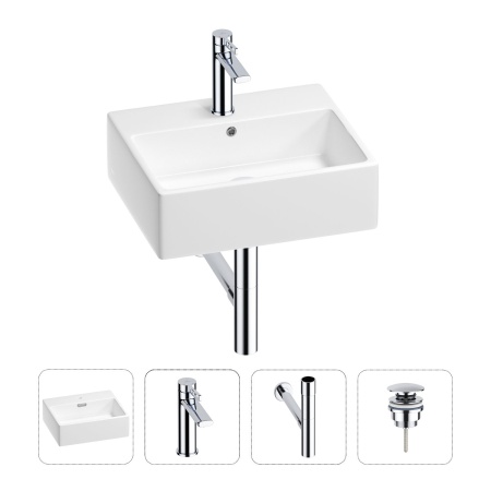 Раковина для ванной Wellsee Graceful Pro 201002926 в наборе 4 в 1: раковина белого глянцевого цвета, смеситель, сифон, донный клапан (цвет набора хром)
