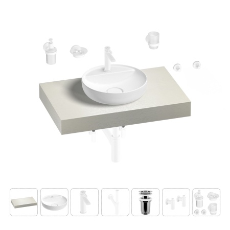 Раковина 42 см со столешницей 80 см Wellsee Chalice Perfection 201010480 в наборе 10 в 1: столешница, раковина, смеситель, сифон, выпуск, угловые вентили, аксессуары (цвет матовый белый)