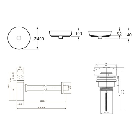 Комплект 3 в 1 Lavinia Boho Bathroom Sink 21520186: накладная фарфоровая раковина 40 см, металлический сифон, донный клапан