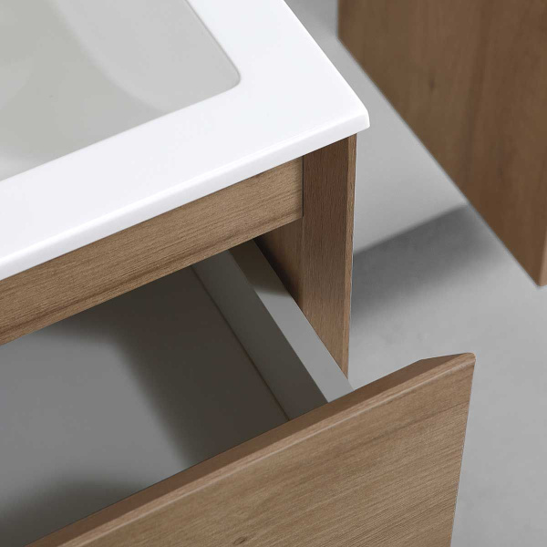 Тумба Vincea Luka 800 подвесная, 2 выкатных ящика soft-close, N.Oak с умывальником VCB-13800G из кварца, цвет серый