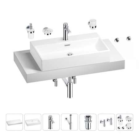Раковина 70 см со столешницей 100 см Wellsee Graceful Pro 201012676 в наборе 10 в 1: столешница, раковина, смеситель, сифон, донный клапан, угловые вентили, аксессуары (цвет хром)