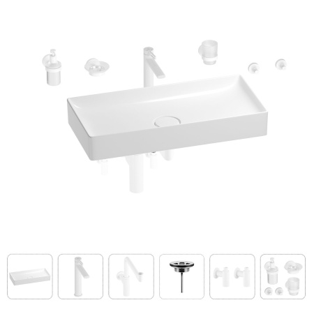 Раковина для ванной Wellsee Pure BY Wellsee 201006540 в наборе 9 в 1: раковина белого глянцевого цвета, высокий смеситель, сифон, выпуск, угловые вентили, аксессуары (цвет матовый белый)
