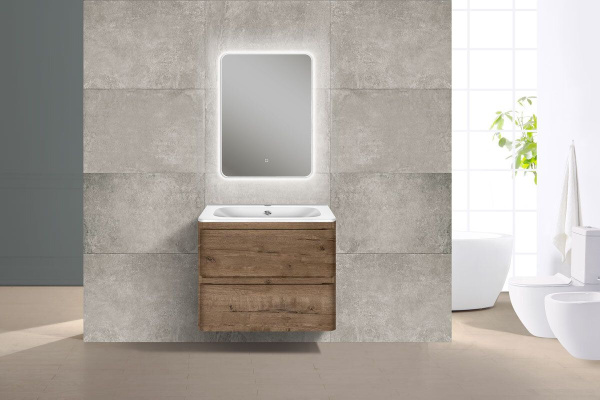 Тумба Vincea Vico 600 подвесная, 2 выкатных ящика soft close, V.Oak с умывальником VCB-2VP600W из искуственного камня, цвет белый