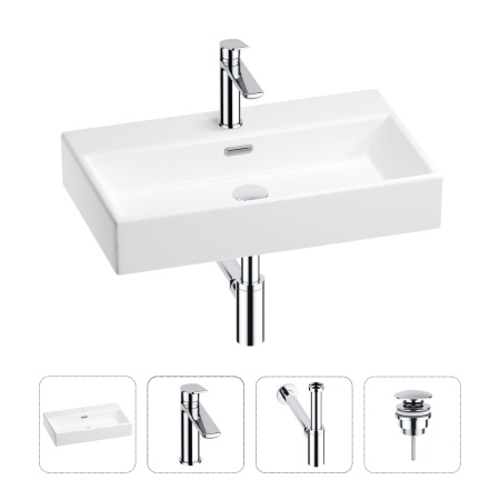Раковина для ванной Wellsee Graceful Pro 201002951 в наборе 4 в 1: раковина белого глянцевого цвета, смеситель, сифон, донный клапан (цвет набора хром)