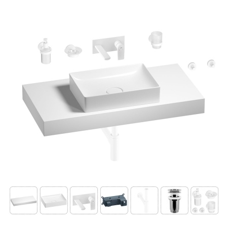 Раковина 50 см со столешницей 100 см Wellsee Pure BY Wellsee 201011285 в наборе 9 в 1: столешница, раковина, встраиваемый смеситель, сифон, выпуск, аксессуары (цвет набора матовый белый)