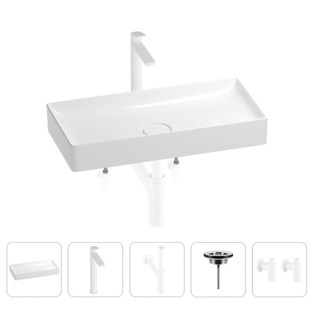 Раковина для ванной Wellsee Pure BY Wellsee 201004460 в наборе 5 в 1: раковина белого глянцевого цвета, высокий смеситель, сифон, выпуск, угловые вентили (цвет набора матовый белый)