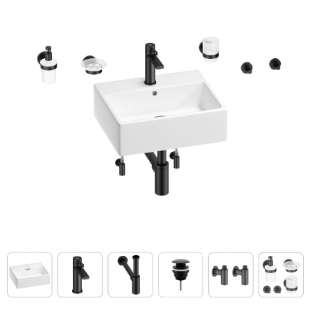 Раковина для ванной Wellsee Graceful Pro 201006657 в наборе 9 в 1: раковина белого глянцевого цвета, смеситель, сифон, донный клапан, угловые вентили, аксессуары (цвет набора матовый черный)