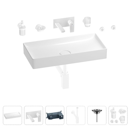 Раковина для ванной Wellsee Pure BY Wellsee 201006485 в наборе 8 в 1: раковина белого глянцевого цвета, встраиваемый смеситель, сифон, выпуск, аксессуары (цвет набора матовый белый)