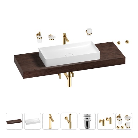 Раковина 75 см со столешницей 140 см Wellsee Pure BY Wellsee 201011858 в наборе 10 в 1: столешница, раковина, высокий смеситель, сифон, выпуск, кран-вентили, аксессуары (цвет золото)