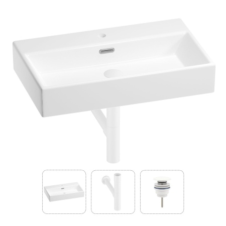 Раковина для ванной Wellsee Graceful Pro 201001365 в наборе 3 в 1: прямоугольная раковина белого глянцевого цвета, сифон, донный клапан в цвете матовый белый