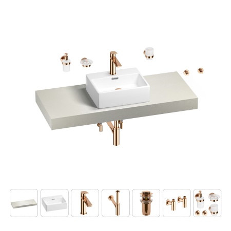 Раковина 43 см со столешницей 120 см Wellsee Graceful Pro 201012274 в наборе 10 в 1: столешница, раковина, смеситель, сифон, донный клапан, угловые вентили, аксессуары (цвет розовое золото)