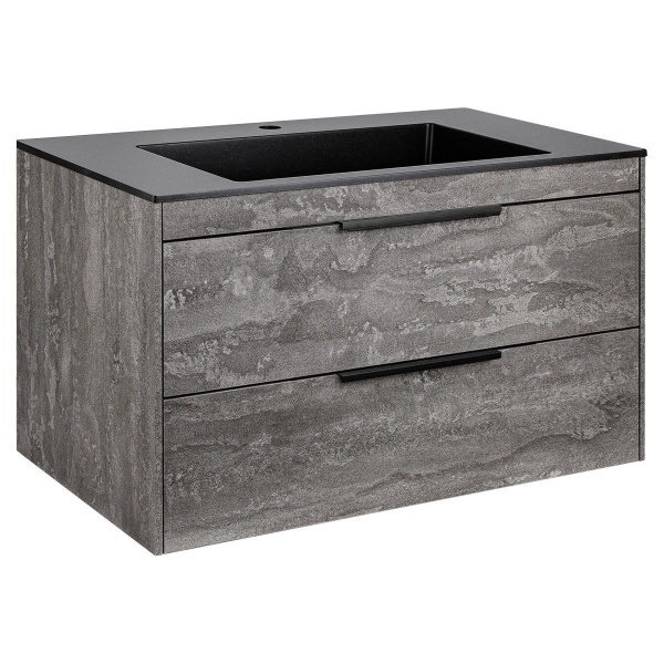 Тумба Vincea Chiara 2D 800 подвесная, 2 выкатных ящика soft-close, G.Stone с умывальником VCB-13800B из кварца, цвет черный