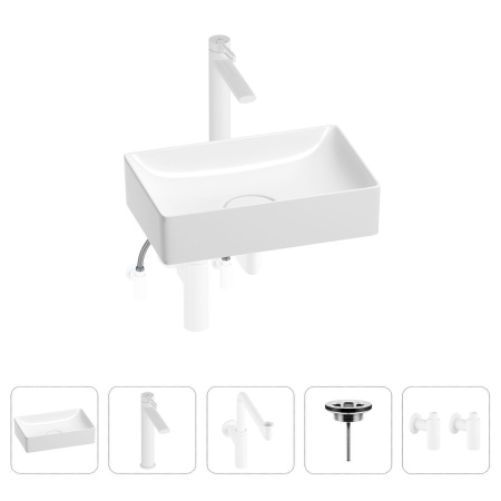 Раковина для ванной Wellsee Pure BY Wellsee 201004375 в наборе 5 в 1: раковина белого глянцевого цвета, высокий смеситель, сифон, выпуск, угловые вентили (цвет набора матовый белый)