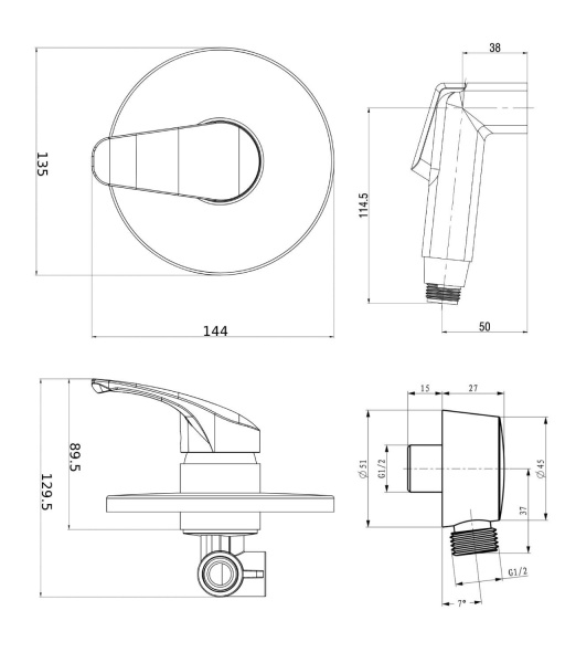Встраиваемый смеситель с гигиеническим душем, OL01888cr, хром