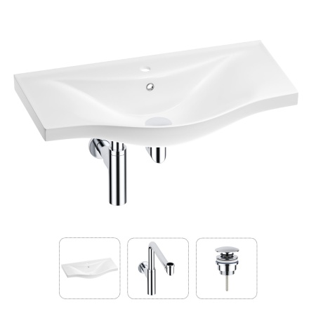 Раковина для ванной Wellsee Bisou 201001696 в наборе 3 в 1: полукруглая раковина белого глянцевого цвета, сифон, донный клапан в цвете хром