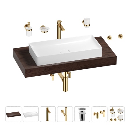 Раковина 75 см со столешницей 100 см Wellsee Pure BY Wellsee 201011613 в наборе 10 в 1: столешница, раковина, высокий смеситель, сифон, выпуск, кран-вентили, аксессуары (цвет золото)