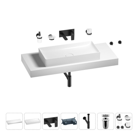 Раковина 75 см со столешницей 120 см Wellsee Pure BY Wellsee 201011762 в наборе 9 в 1: столешница, раковина, встраиваемый смеситель, сифон, выпуск, аксессуары (цвет набора матовый черный)