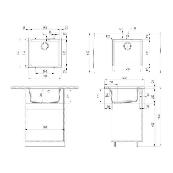 Кухонная мойка Ulgran Quartz Under 450-07, уголь
