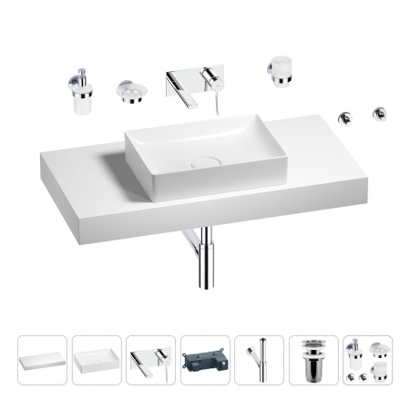 Раковина 50 см со столешницей 100 см Wellsee Pure BY Wellsee 201011286 в наборе 9 в 1: столешница, раковина, встраиваемый смеситель, сифон, выпуск, аксессуары (цвет набора хром)
