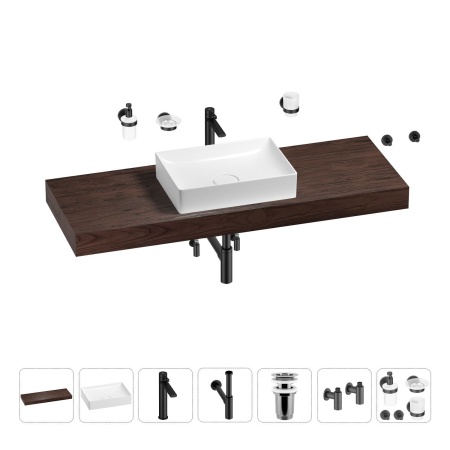 Раковина 50 см со столешницей 140 см Wellsee Pure BY Wellsee 201011497 в наборе 10 в 1: столешница, раковина, высокий смеситель, сифон, выпуск, кран-вентили, аксессуары (цвет матовый черный)