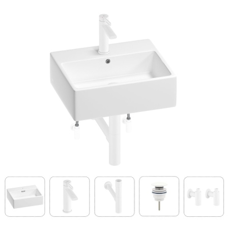 Раковина для ванной Wellsee Graceful Pro 201004605 в наборе 5 в 1: раковина белого глянцевого цвета, смеситель, сифон, донный клапан, угловые вентили (цвет набора матовый белый)