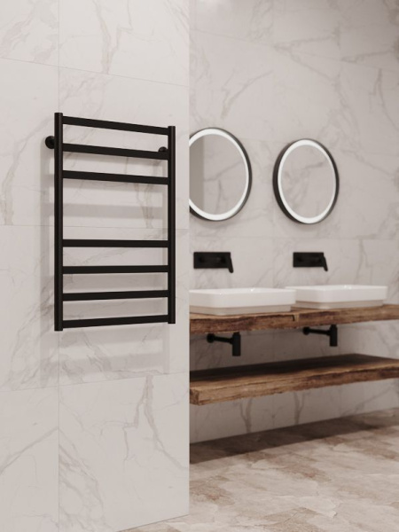 Полотенцесушитель водяной Stinox Maxima 500x800, нижнее подключение, черный матовый, 1" НР (наружная резьба), 7 перекладин