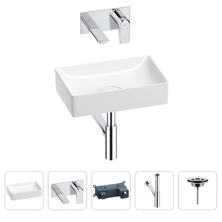 Раковина для ванной Wellsee Pure BY Wellsee 201002576 в наборе 4 в 1: раковина белого глянцевого цвета, встраиваемый смеситель, сифон, выпуск (цвет набора хром)