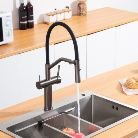 Смеситель для кухни с гибким изливом и подключением фильтра GAPPO G4399-89, оружейная сталь