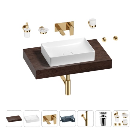 Раковина 50 см со столешницей 80 см Wellsee Pure BY Wellsee 201011143 в наборе 9 в 1: столешница, раковина, встраиваемый смеситель, сифон, выпуск, аксессуары (цвет набора золото)