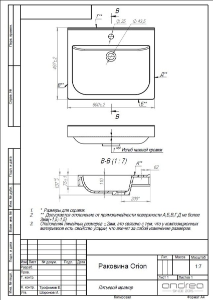 Раковина Andrea Orion 50 4680028070382