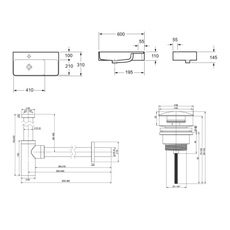 Комплект 3 в 1 Lavinia Boho Bathroom Sink 21520501: накладная фарфоровая раковина 60 см, металлический сифон, донный клапан