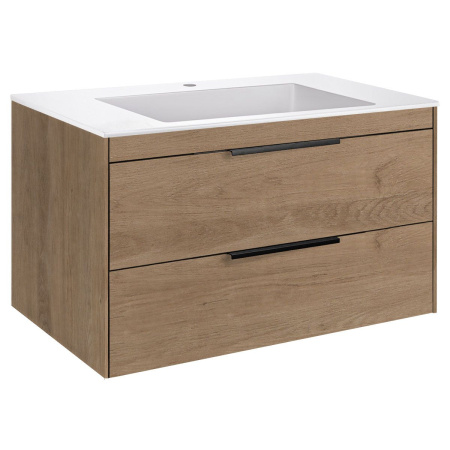 Тумба Vincea Chiara 2D 800 подвесная, 2 выкатных ящика soft-close, N.Oak с умывальником VCB-13800W из искусственного камня, цвет белый