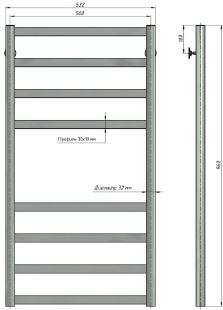 Полотенцесушитель водяной Stinox Maxima 500x1000, нижнее подключение, хром, 1/2" ВР (внутренняя резьба), 8 перекладин