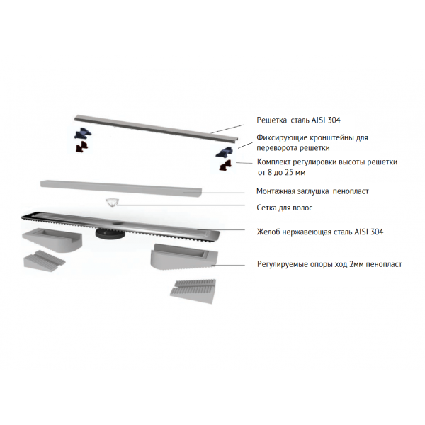Желоб BERGES водосток напольный C1 Norma 500 нержавеющая сталь матовый черный S-сифон D50/110 вертикальный