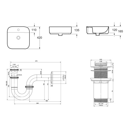 Комплект 3 в 1 Lavinia Boho Bathroom Sink 21520271: накладная фарфоровая раковина 42 см, металлический сифон, донный клапан