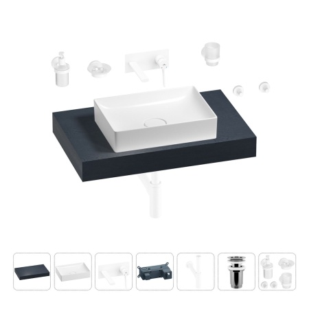Раковина 50 см со столешницей 80 см Wellsee Pure BY Wellsee 201011110 в наборе 9 в 1: столешница, раковина, встраиваемый смеситель, сифон, выпуск, аксессуары (цвет набора матовый белый)