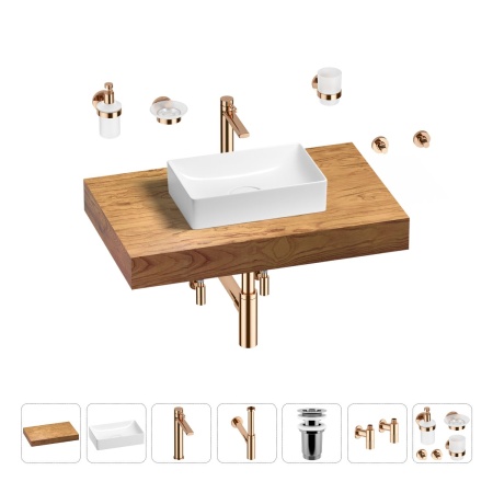 Раковина 42 см со столешницей 80 см Wellsee Pure BY Wellsee 201010744 в наборе 10 в 1: столешница, раковина, высокий смеситель, сифон, выпуск, кран-вентили, аксессуары (цвет розовое золото)